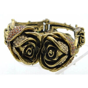 Gold Tone Large Chunky Statement Topaz Rhinestone Rose Flower Bangle Bracelet